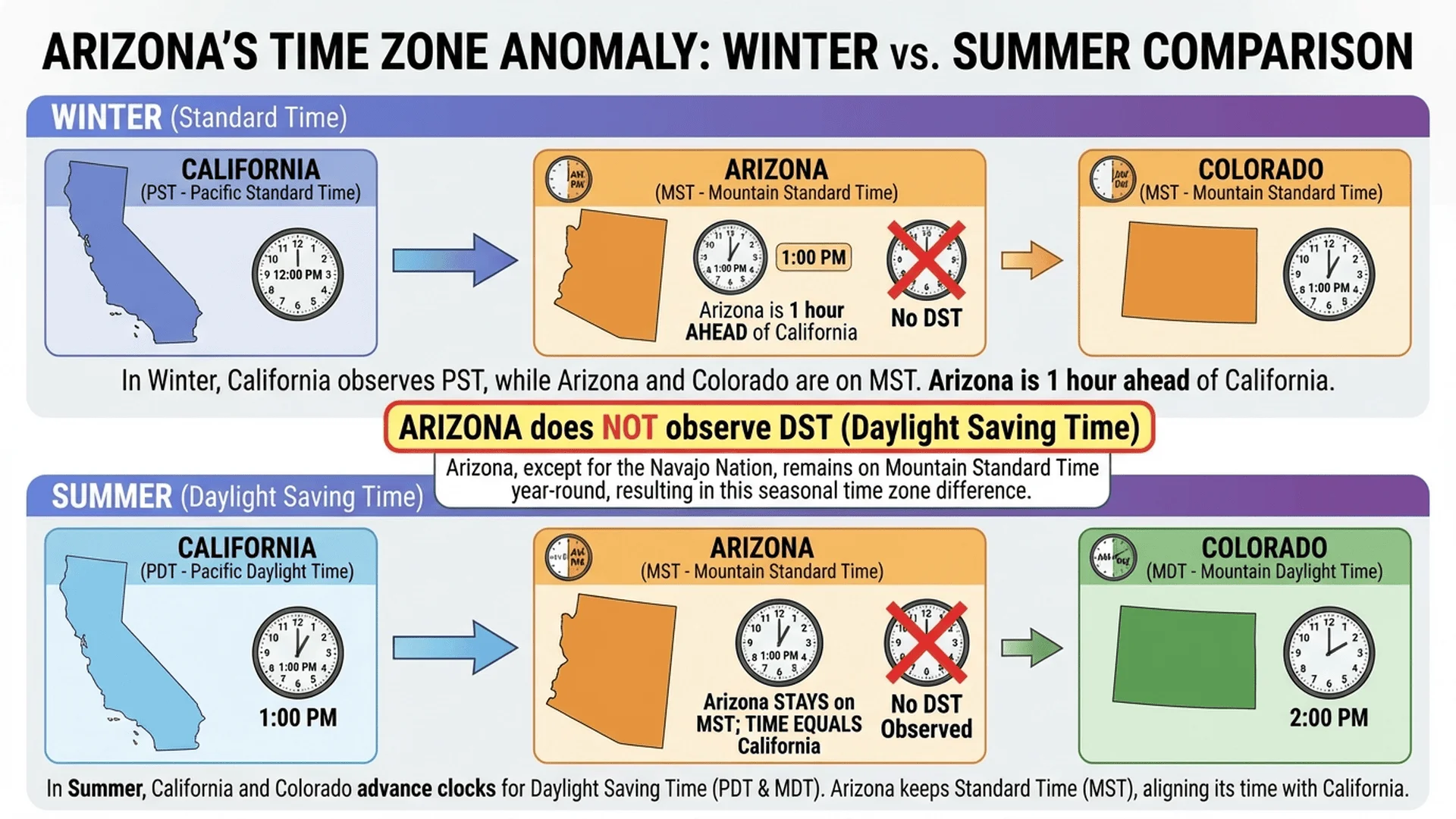 顯示亞利桑那州不遵守夏令時的特殊情況，夏季與加州同時間