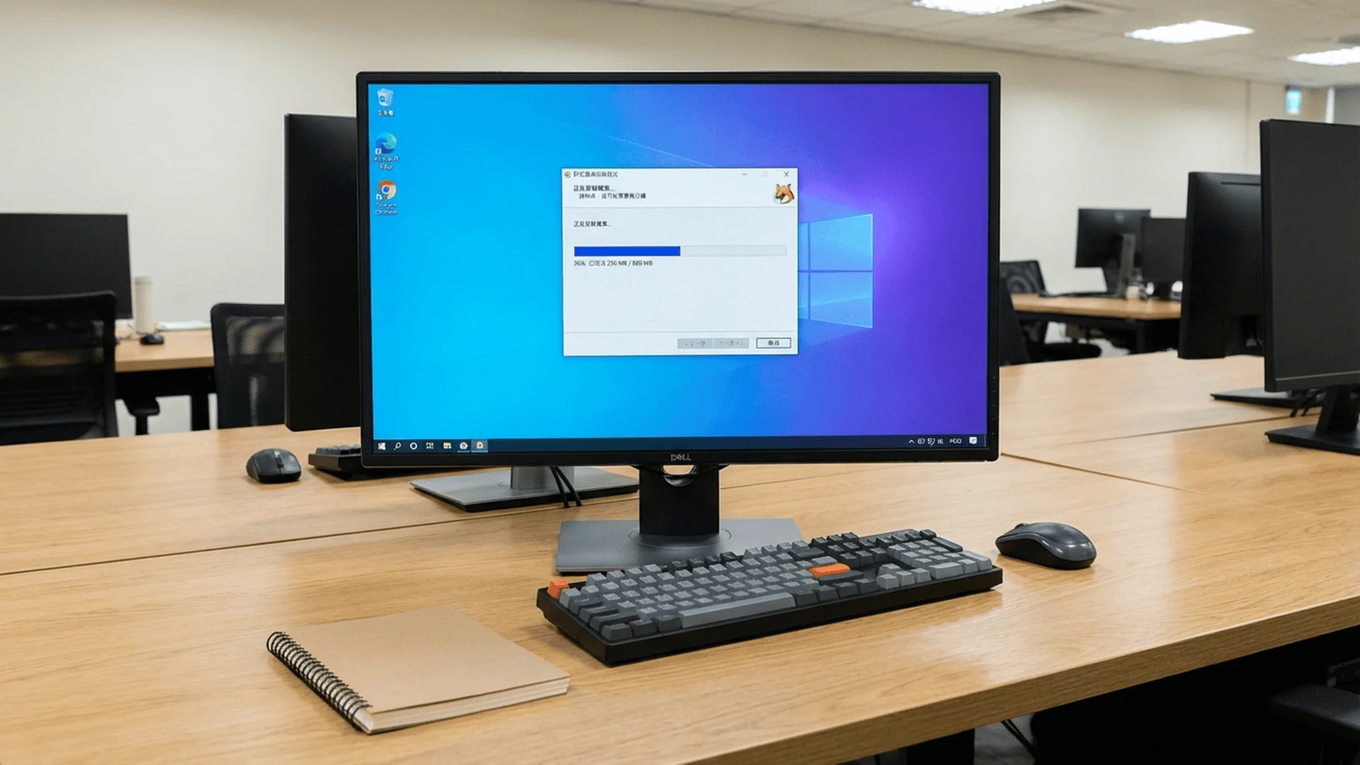 電腦螢幕正面視角，螢幕顯示Windows系統的軟體安裝精靈界面。畫面中央是安裝視窗，標題欄顯示「野狐圍棋安裝程式」，視窗內顯示安裝進度條約50%完成，進度條下方有文字說明「正在安裝... 請稍候」，視窗底部有三個按鈕