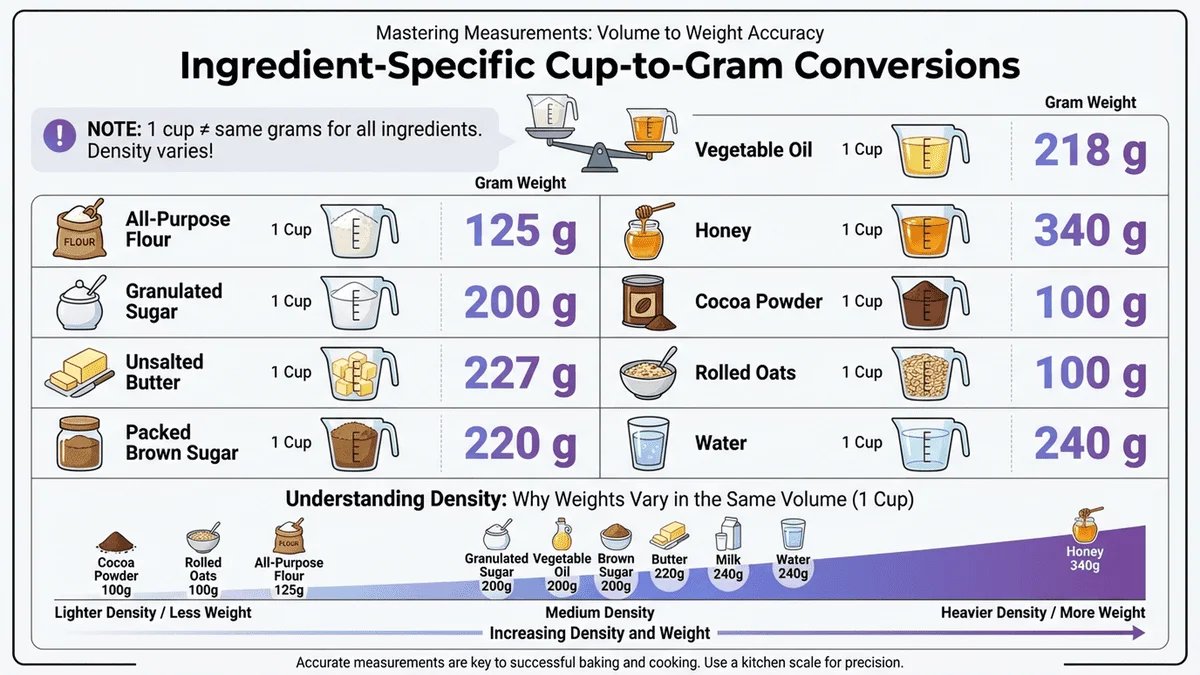 常見食材單位換算對照圖表，展示麵粉、糖、奶油等食材從杯到克的轉換關係