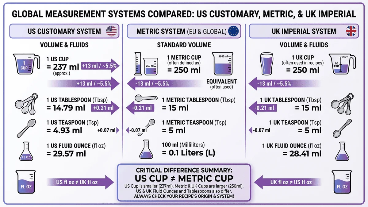 美制、公制、英制測量系統對比信息圖，包含杯、湯匙、茶匙的換算關係