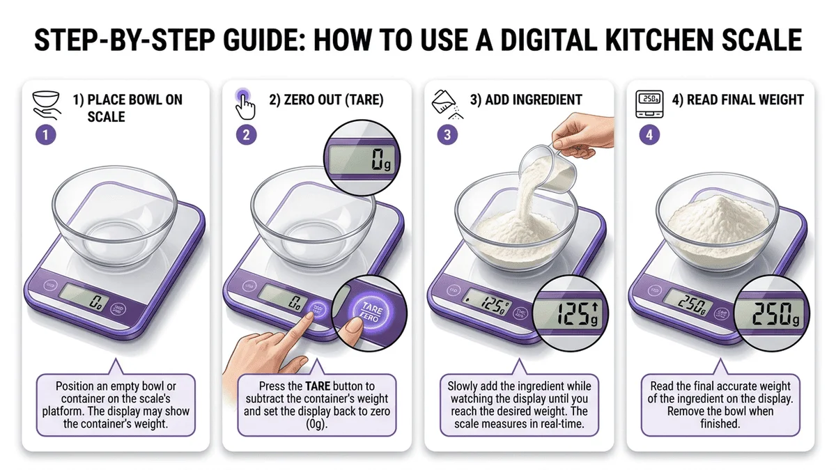 廚房電子秤正確使用方法示意圖，展示歸零功能和精準測量步驟