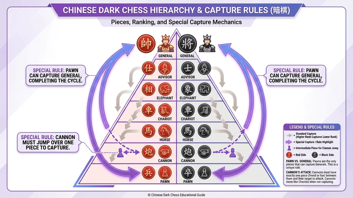 暗棋棋子階層關係圖，展示將、車、馬、炮、兵等棋子的吃子規則