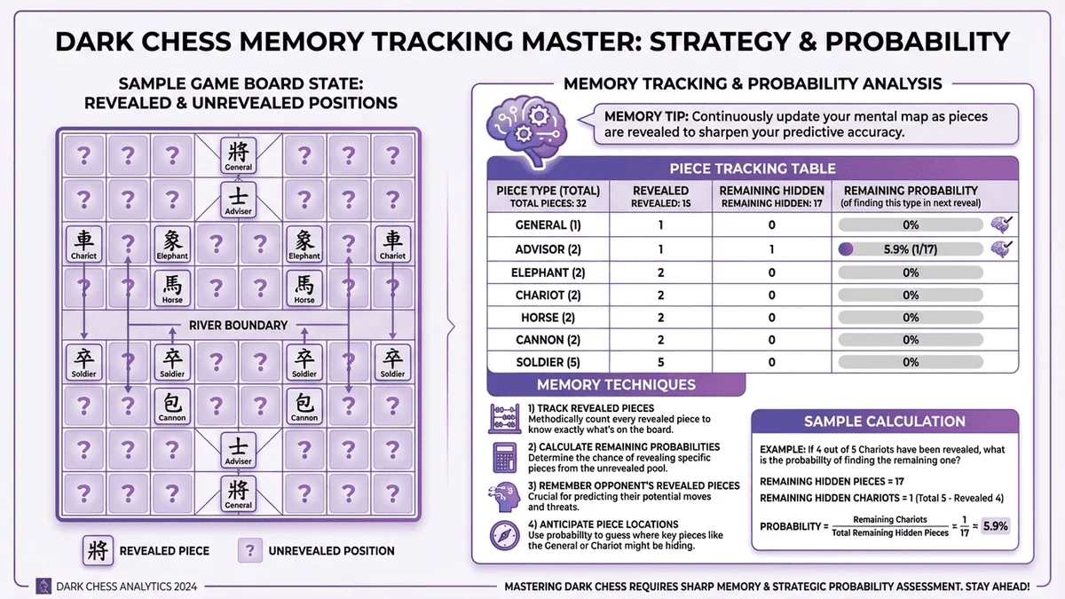 暗棋記憶系統信息圖，展示已翻開棋子記錄和剩餘機率計算方法