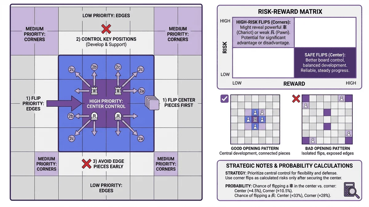暗棋開局策略圖解，展示中央控制、角落發展和風險評估的戰術要點