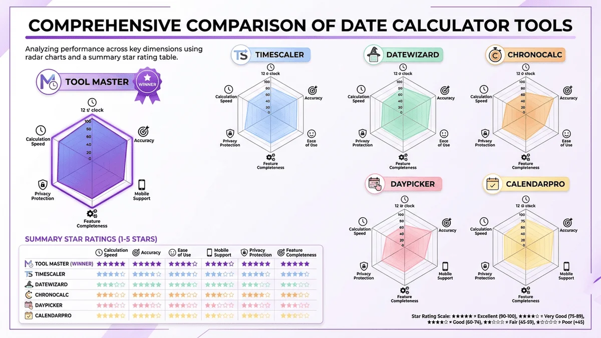 日期計算工具評分雷達圖，展示速度、準確性、易用性、隱私等維度的評比