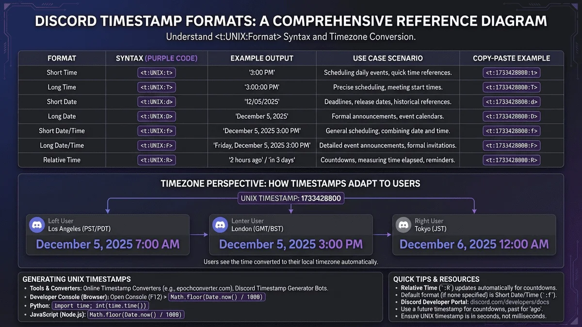 Discord時間戳格式說明圖，展示不同格式代碼的顯示效果