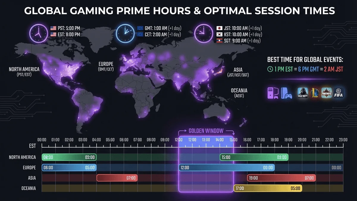 全球遊戲社群時區分布圖，展示主要遊戲時段的重疊區域