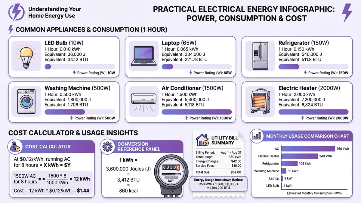 電力能量單位轉換信息圖，包含度電、焦耳、BTU的實際應用