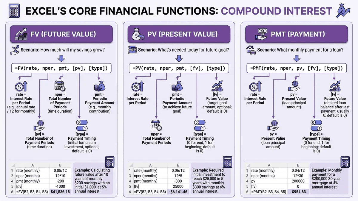 Excel三大財務函數FV、PV、PMT的功能與參數詳解圖