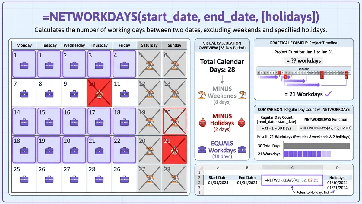 NETWORKDAYS工作日計算圖解，展示排除週末和假日的計算邏輯