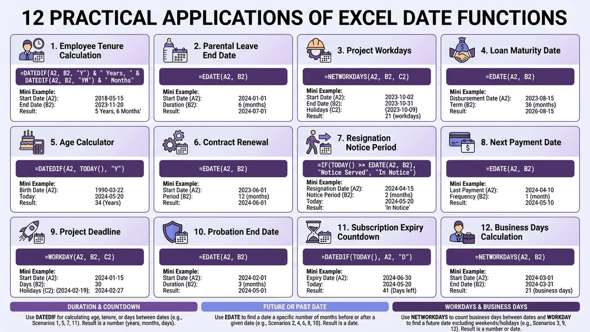Excel日期函數應用場景對照表，包含12種實務案例