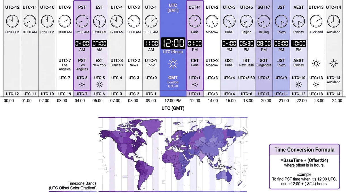 UTC時間偏移量圖解，展示主要時區與UTC的時差關係