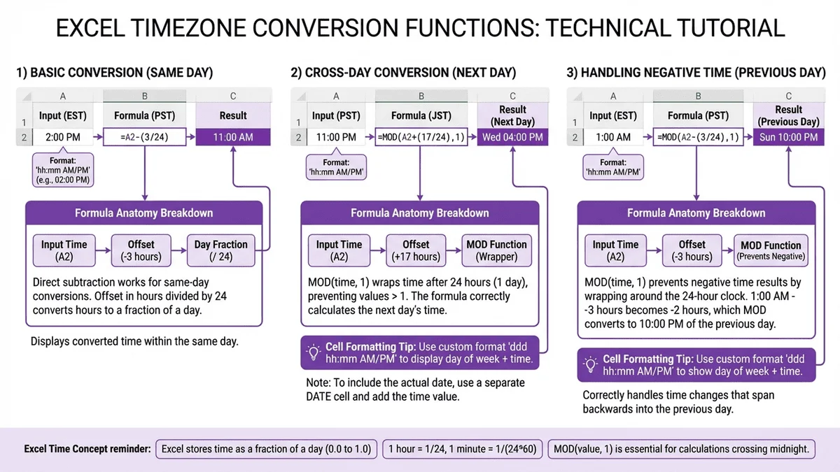 Excel時間函數組合應用圖，展示MOD、TIME、HOUR函數處理跨日問題