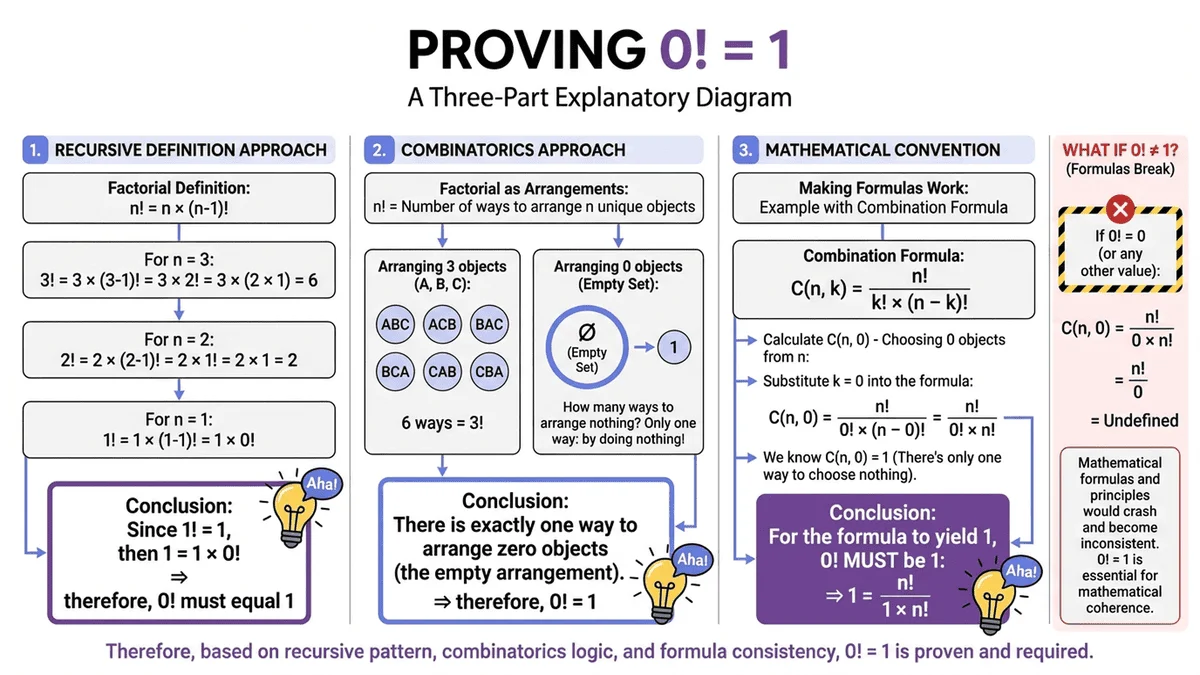 0!等於1的數學證明圖解，展示組合數學和空集定義