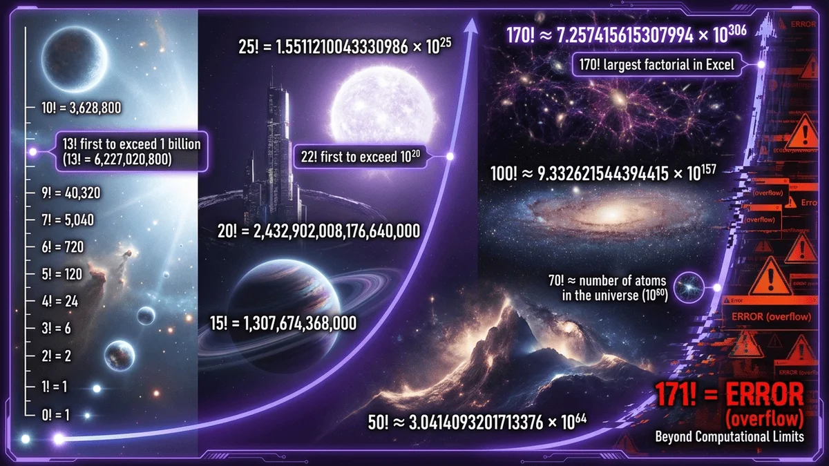 階乘增長速度視覺化圖表，展示從1!到170!的指數增長