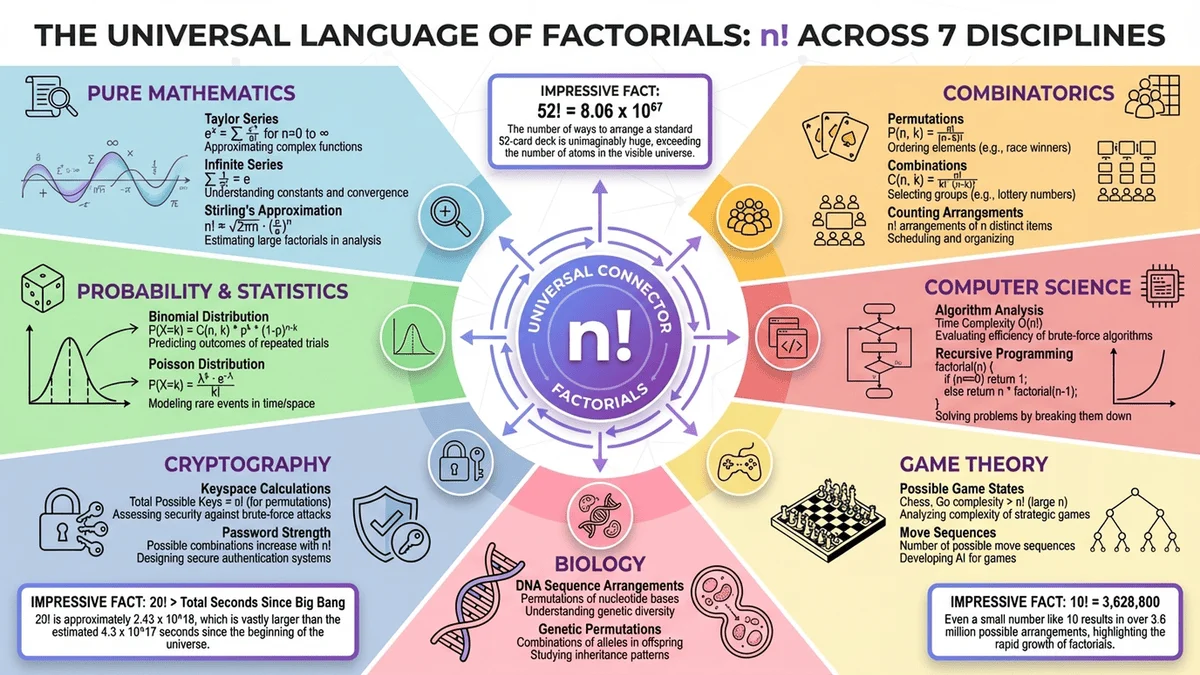 階乘在7個領域的應用信息圖，涵蓋數學、統計、程式設計等