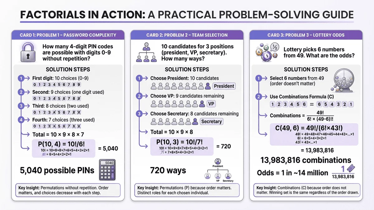實際問題求解步驟圖，展示如何用階乘解決密碼、抽獎等問題