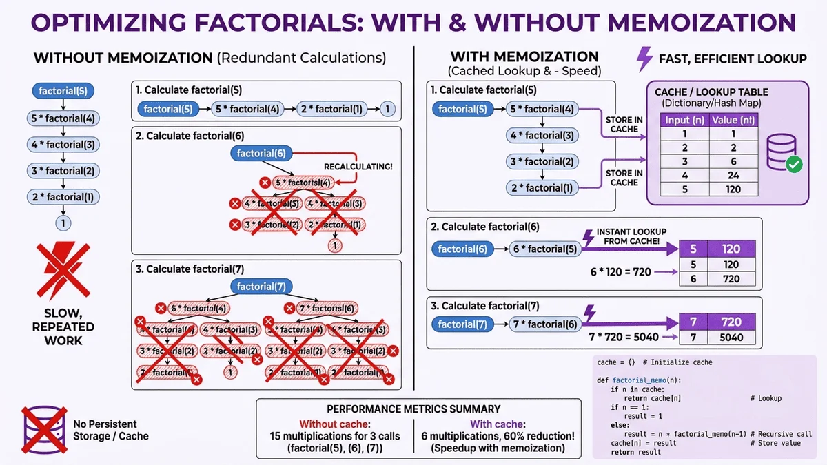 記憶化技術圖解，展示緩存如何避免重複計算階乘