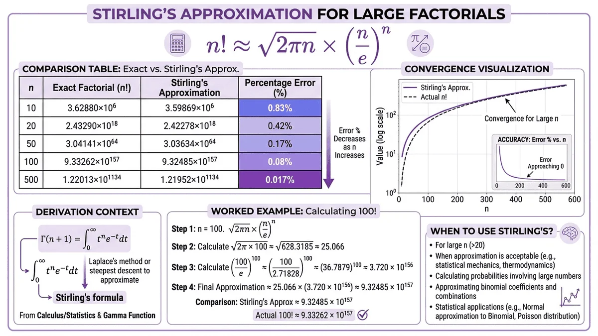Stirling近似公式圖解，展示大數階乘的快速估算方法