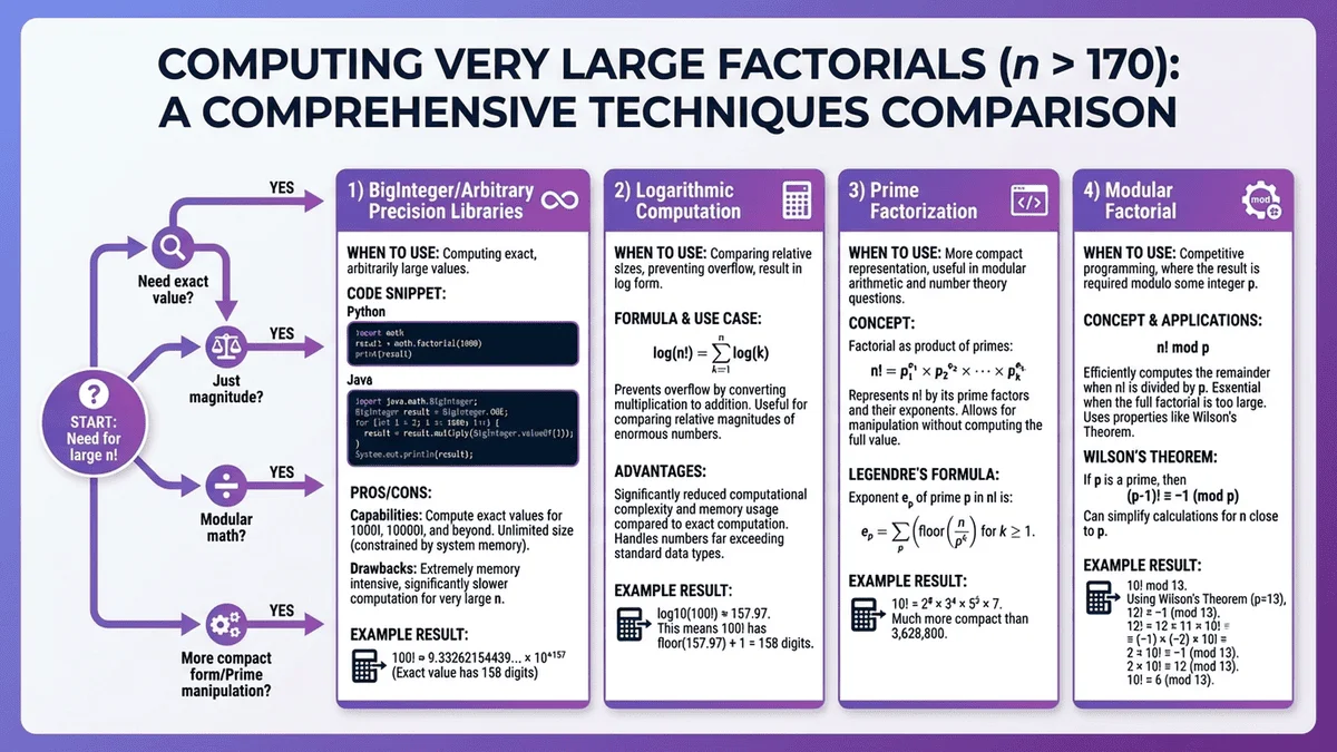 大數階乘處理方法對比，包含BigInteger、對數運算等技術