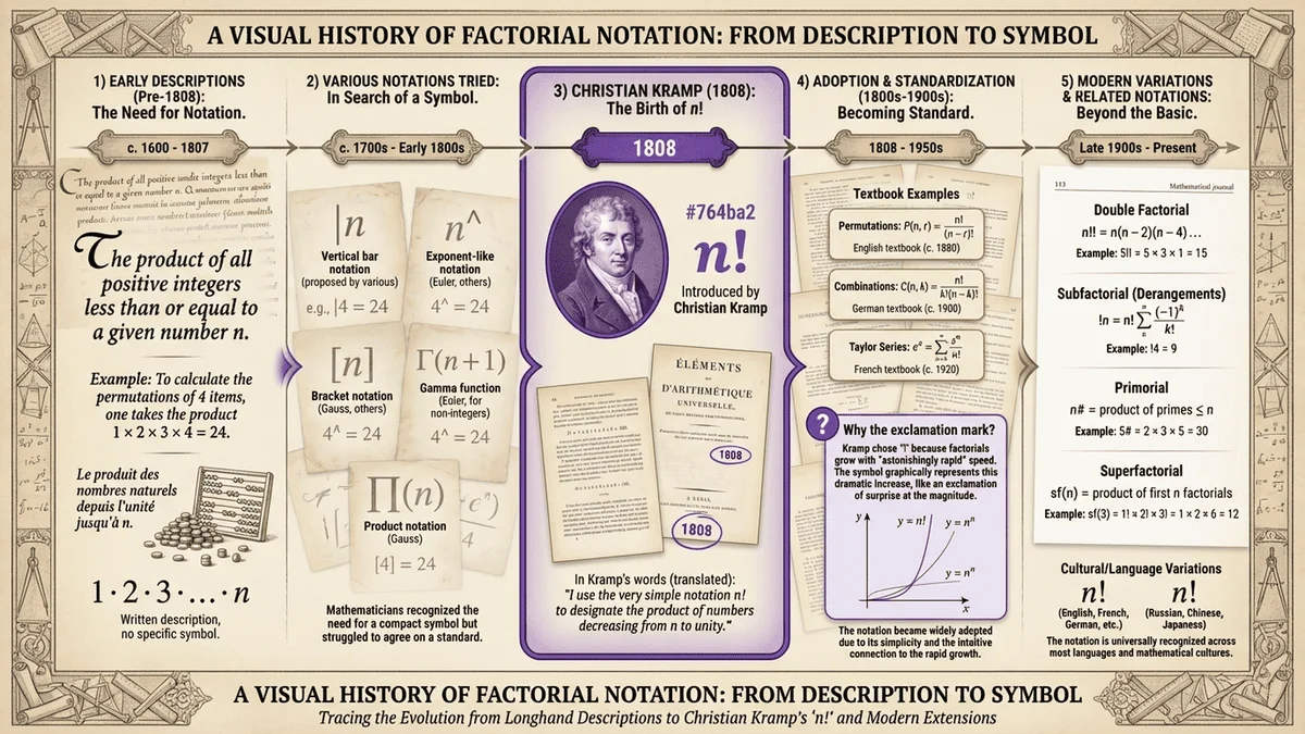 階乘符號演變圖，展示從早期標記到現代n!符號的發展