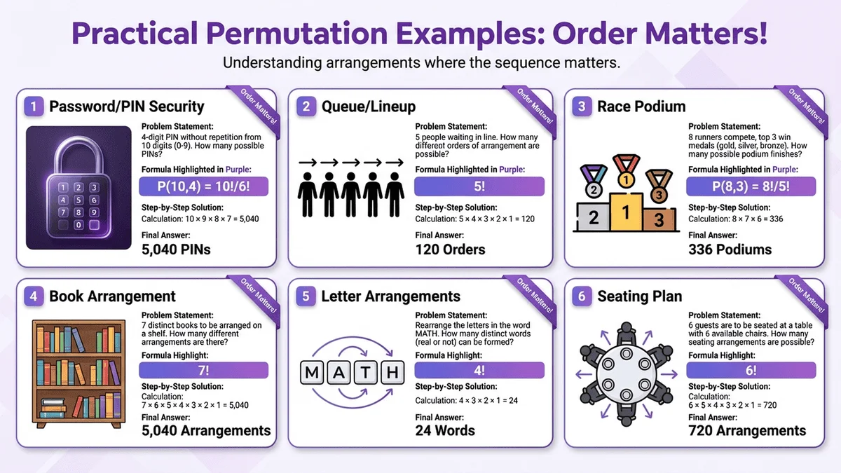 6個排列問題實例信息圖，包含密碼、排隊、比賽排名等場景