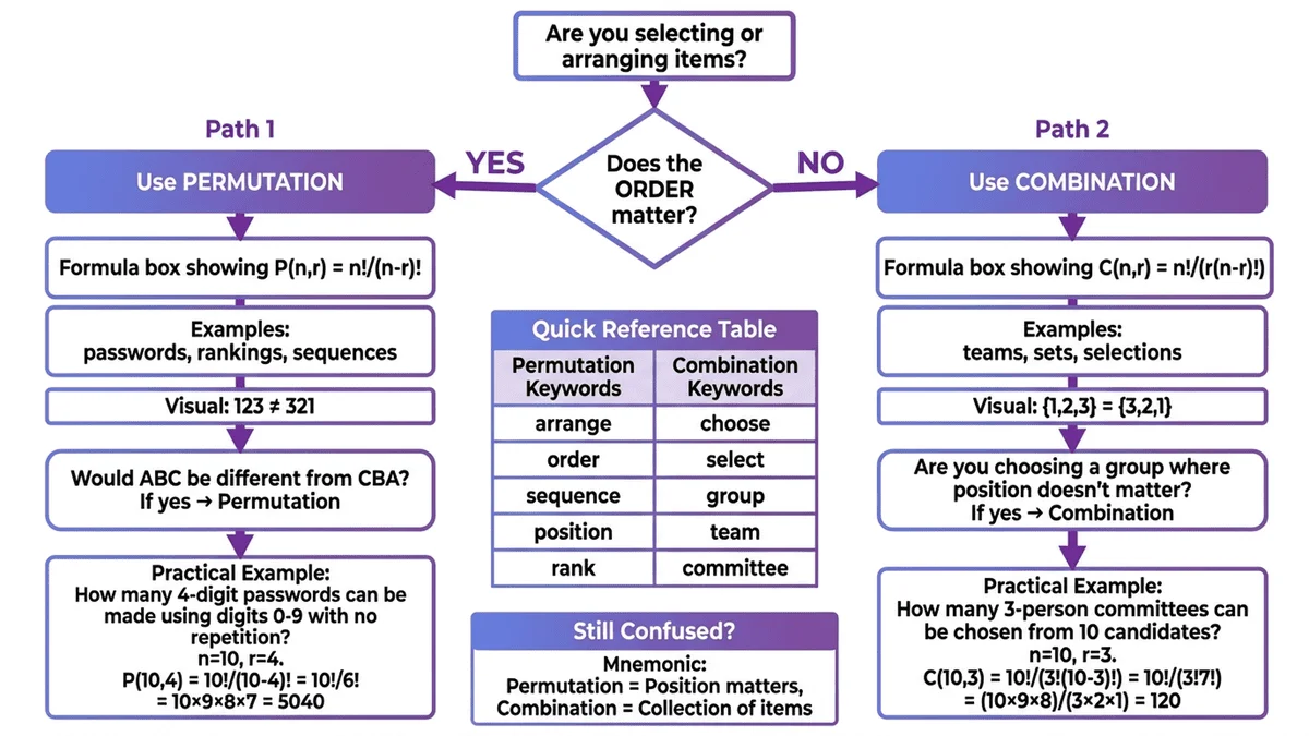排列組合決策流程圖，幫助判斷何時使用P還是C公式