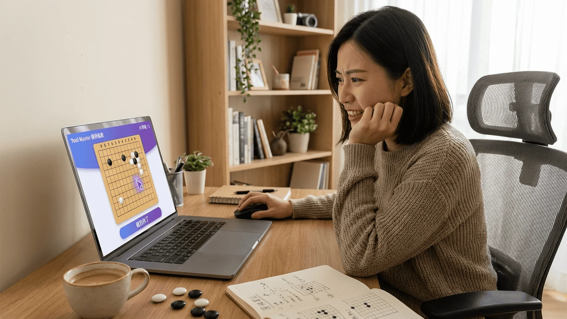 居家書桌前，一位約25-30歲的亞洲女性坐在椅子上，側身45度角面對筆記型電腦。她的右手正握著滑鼠，左手托著下巴，表情專注但帶著淺淺的微笑。筆電螢幕清楚顯示Tool Master的9路圍棋對局，棋盤上已經有幾顆黑白棋子
