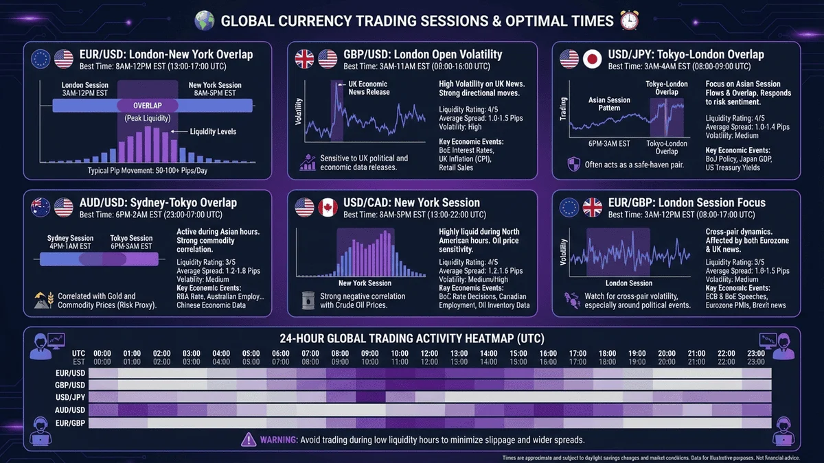 主要貨幣對最佳交易時段信息圖，包含流動性和波動性分析