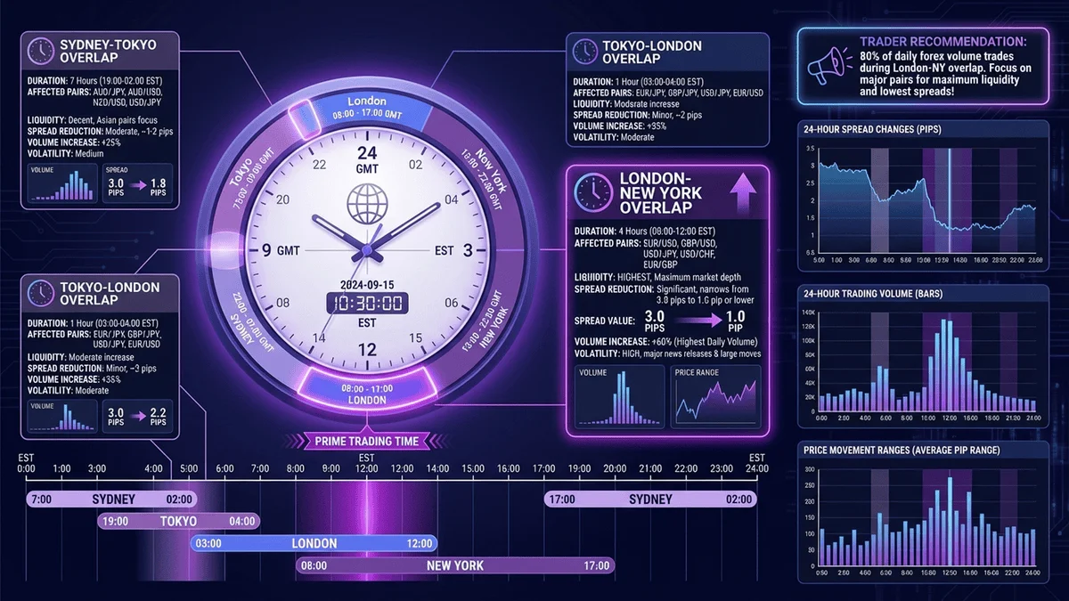 市場時段重疊區域圖解，展示流動性高峰和點差變化