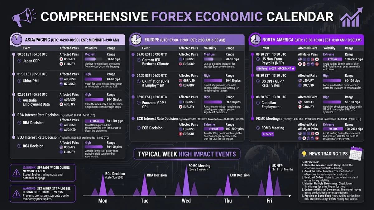 經濟數據發布時區排程表，展示重要財經事件對交易的影響