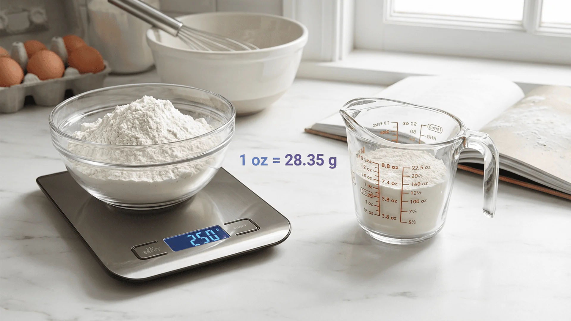 歐洲廚房秤顯示 250 克麵粉測量，旁邊美國量杯顯示 8.8 盎司，標示轉換公式