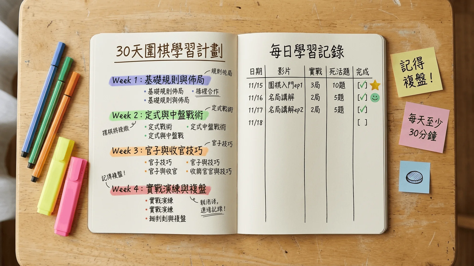 桌面特寫，中央是一本打開的大開本筆記本，左頁是「30天圍棋學習計劃」，用不同顏色的筆寫著Week 1-4的具體安排。右頁是「每日學習記錄」表格，記錄日期、學習內容、實戰局數等。筆記本旁邊有3-4支彩色筆、螢光筆、和幾張便利貼