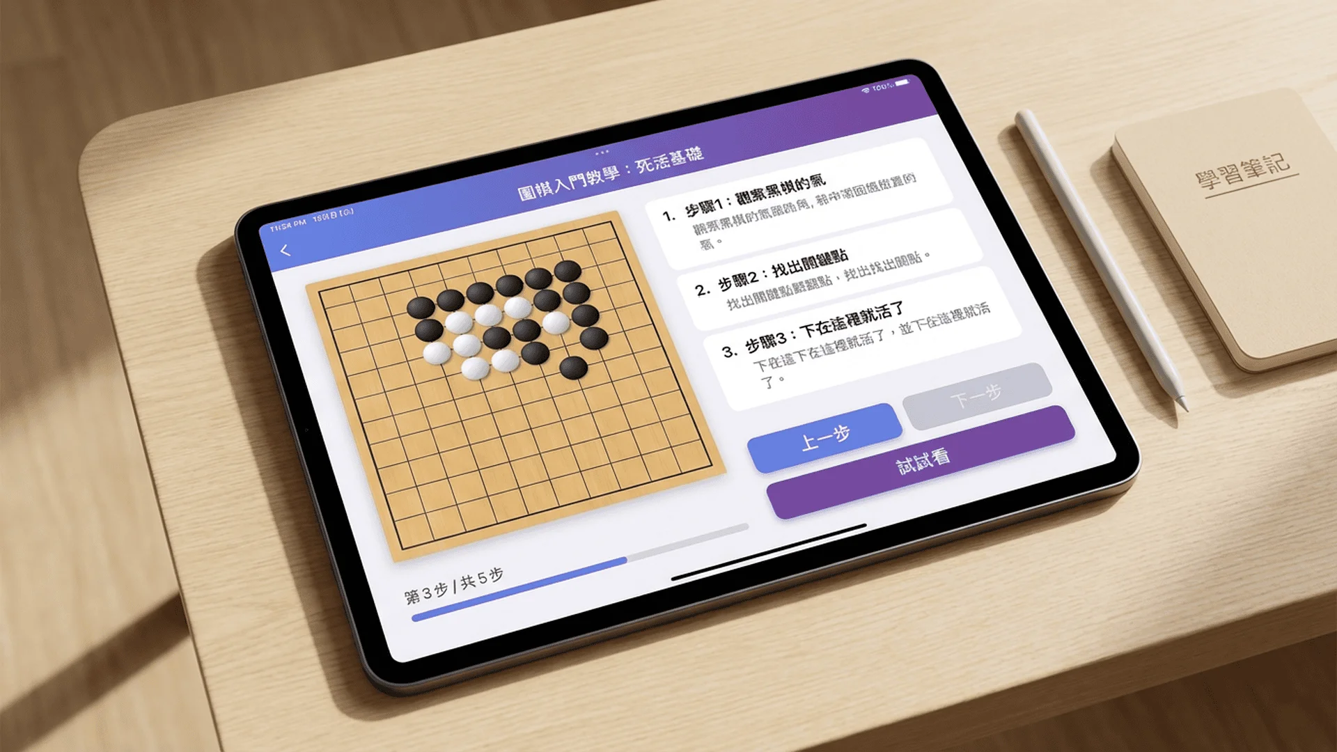 平板電腦螢幕正面平視圖，橫向放置在淺色桌面上。螢幕顯示圍棋教學界面，分為左右兩大區塊：左側是9路棋盤局部特寫顯示死活題場景，右側是分步驟的教學文字說明和三個按鈕。平板旁邊放著觸控筆和小型筆記本