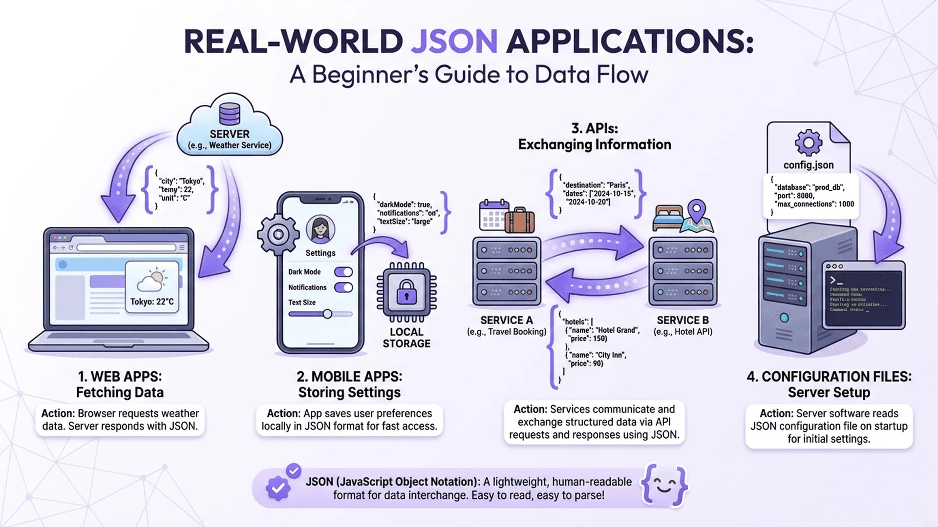 JSON 實際應用場景，包含網頁開發、API、行動應用等