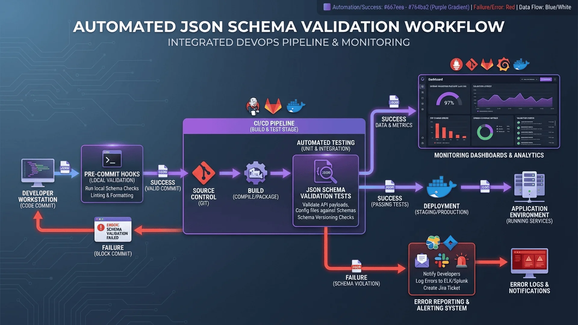 自動化驗證流程圖，展示 CI/CD 整合與錯誤回報機制