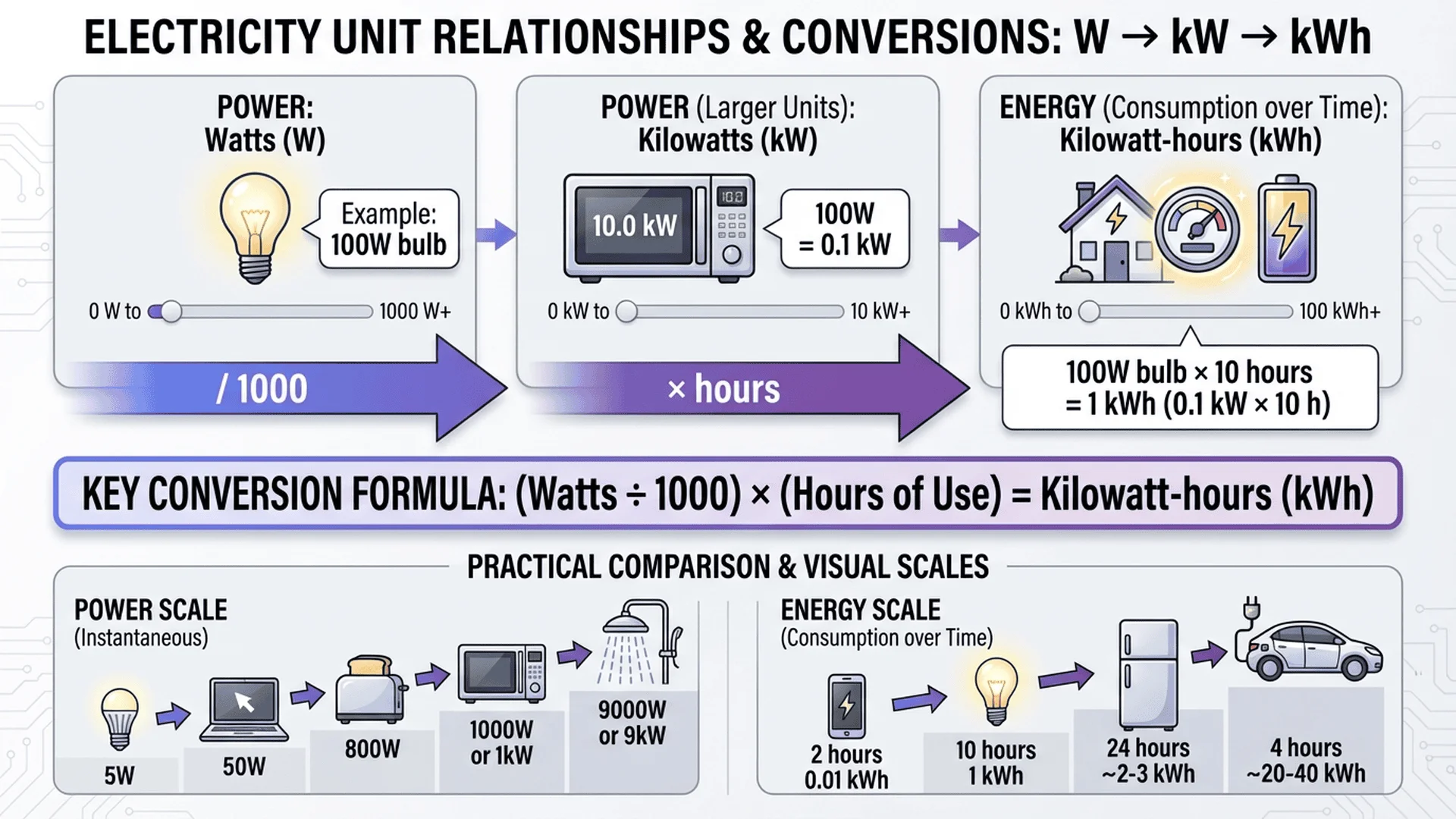 電力單位關係圖解，說明瓦特、千瓦、千瓦時的換算