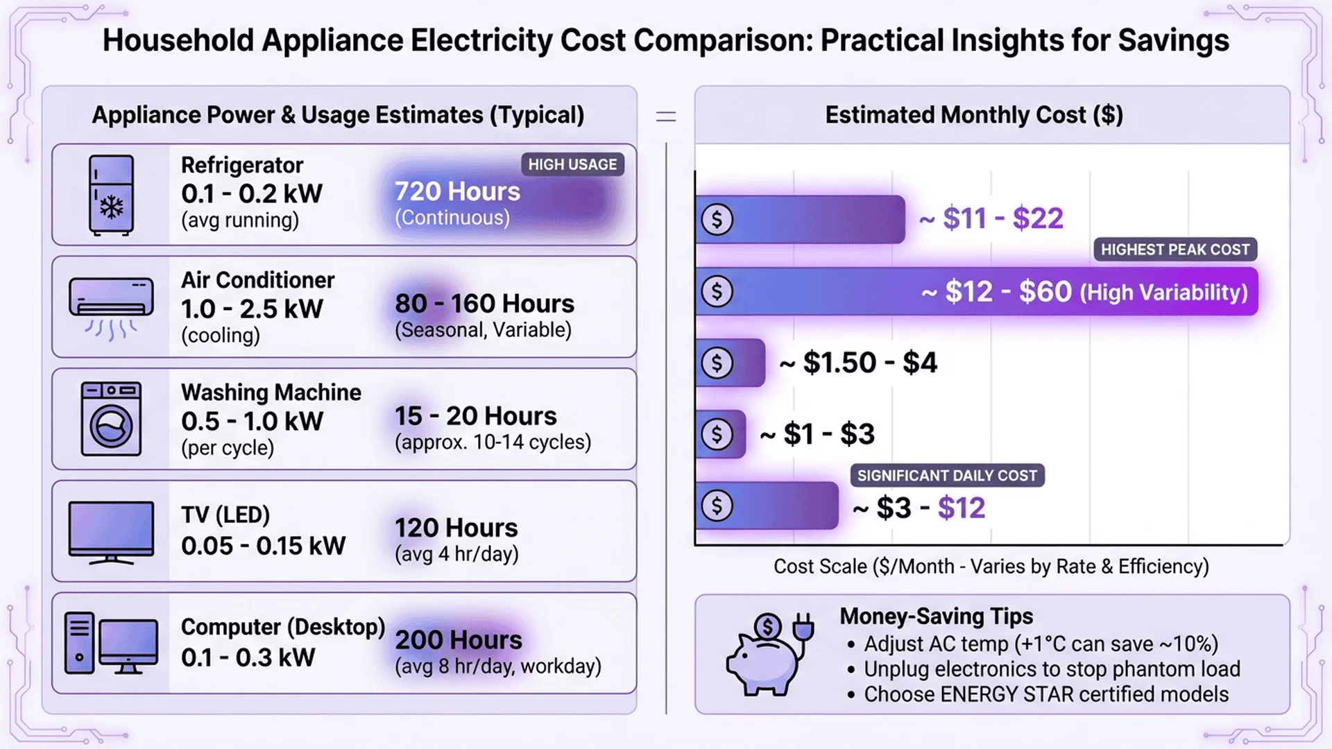 電費計算資訊圖表，包含不同電器的用電量與費用估算