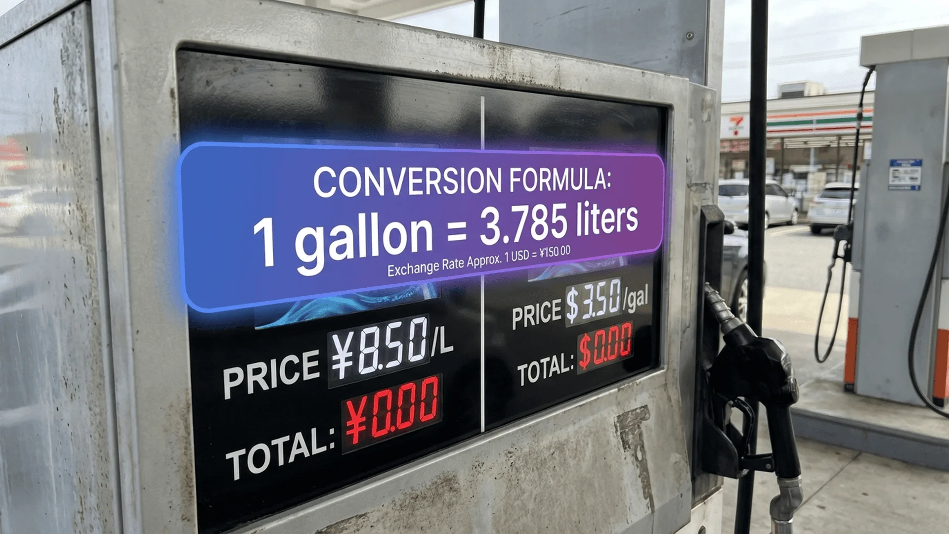加油站油槍顯示器，左側顯示每公升價格，右側顯示每加侖價格，標示轉換公式