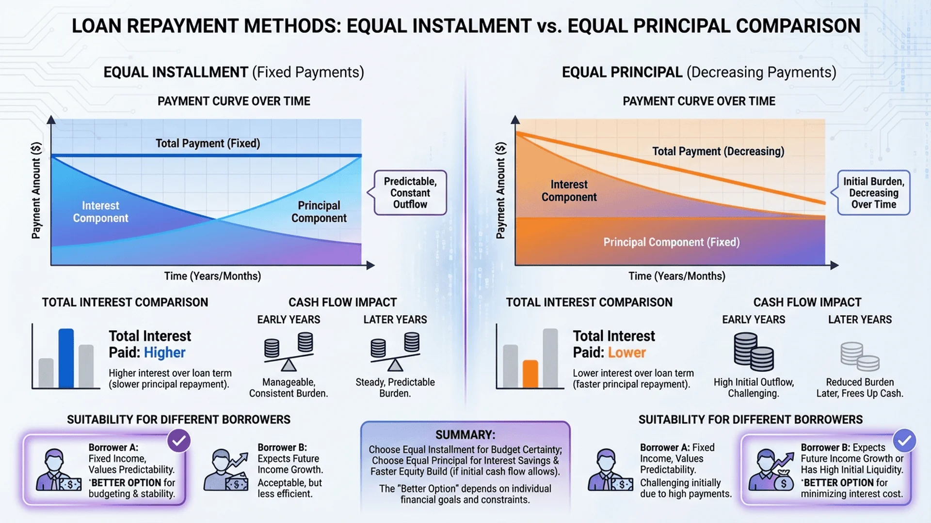 等額本息與等額本金比較，展示兩種還款方式的差異