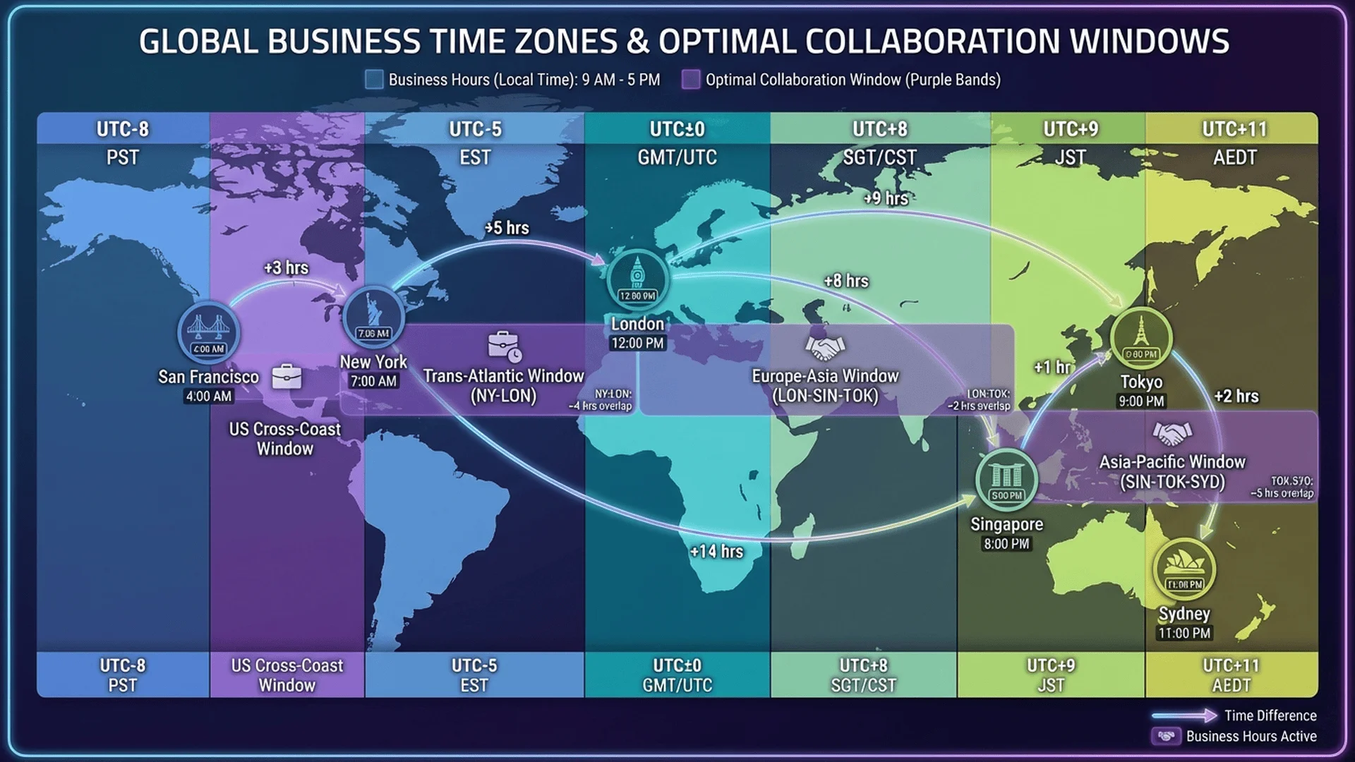 時區視覺化資訊圖表，展示全球主要城市的時差關係