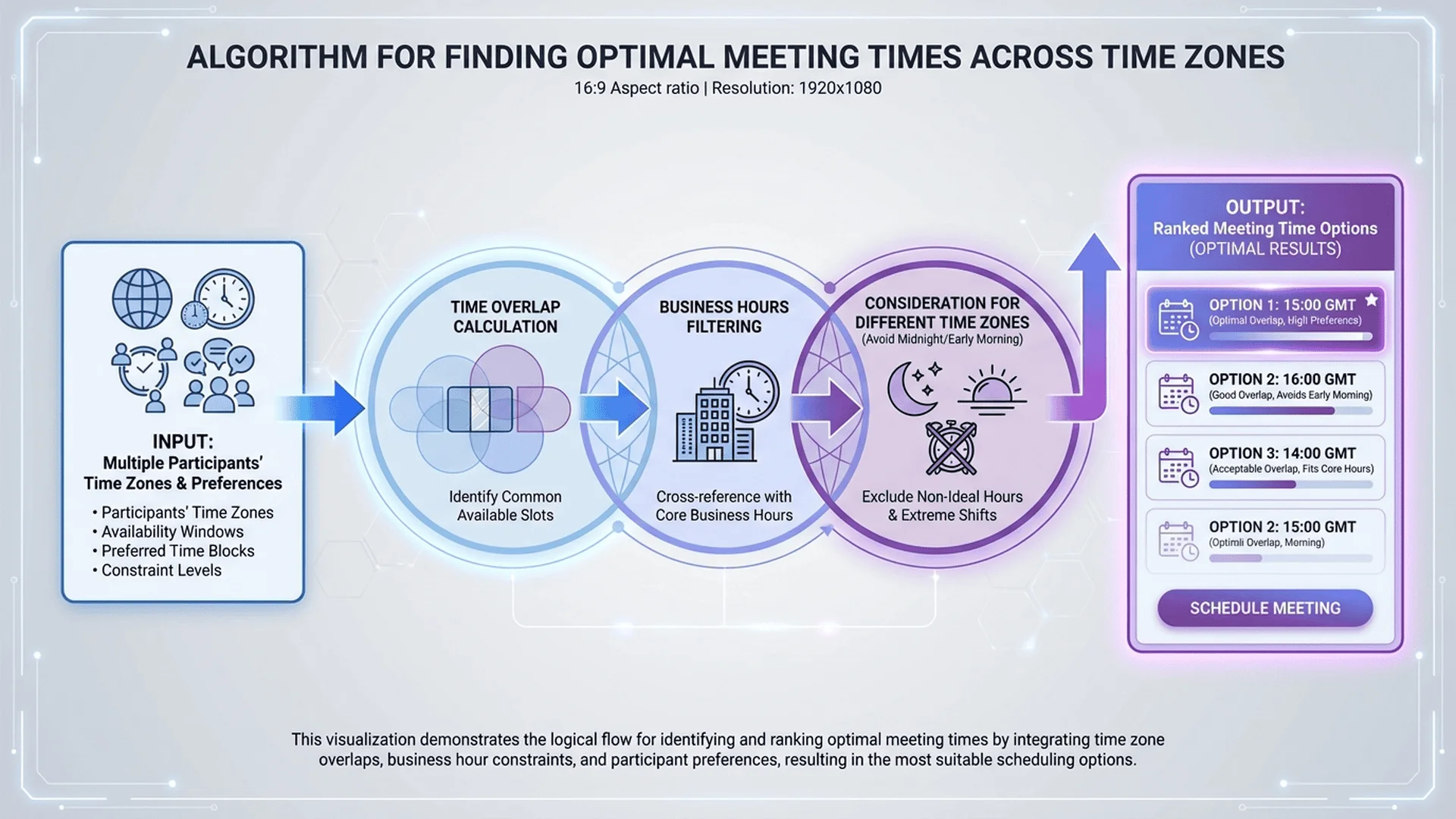 最佳時段尋找演算法圖解，說明如何找出各時區的工作時間交集