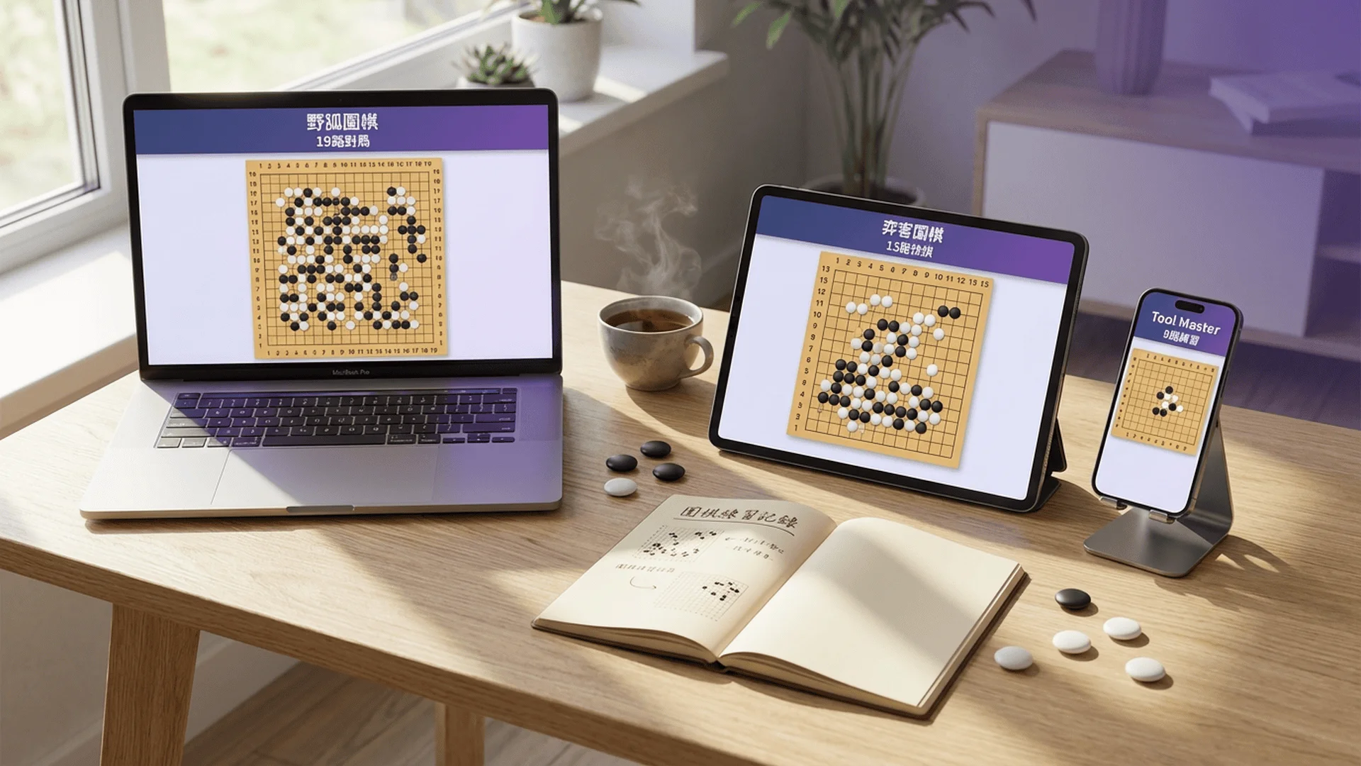 書桌俯視圖，桌面上並排擺放三種裝置：左側是筆記型電腦（打開），中間是平板電腦（橫向擺放），右側是智慧型手機（直立靠在手機架上）。三個裝置的螢幕都清晰可見，都顯示圍棋對局畫面。筆電顯示19路棋盤，平板顯示13路棋盤，手機顯示9路棋盤