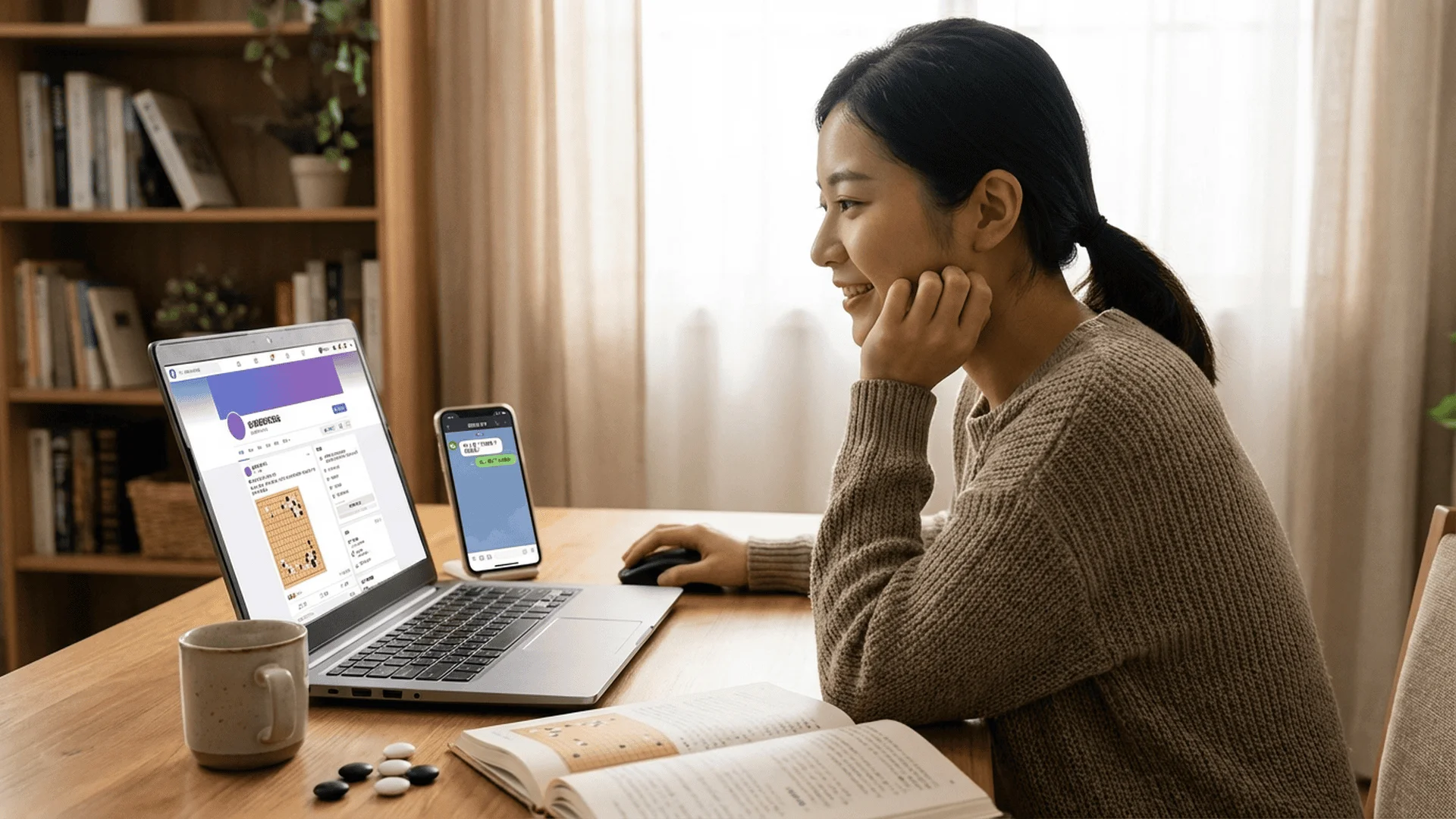 書桌前，一位約25-28歲的亞洲女性坐在椅子上，側身45度角面對筆記型電腦。她的右手正握著滑鼠，左手托著下巴，表情專注但帶著微笑。筆電螢幕清楚顯示Facebook圍棋社團頁面，可以看到社團名稱「台灣圍棋交流站」和貼文。筆電旁邊是手機螢幕顯示LINE圍棋群組聊天