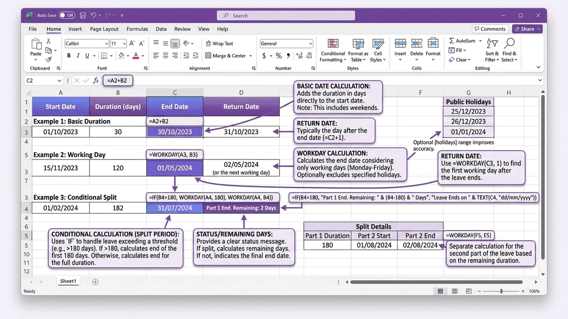 Excel 育嬰留停日期計算公式圖解，展示 WORKDAY、DATE 等函數的使用方法