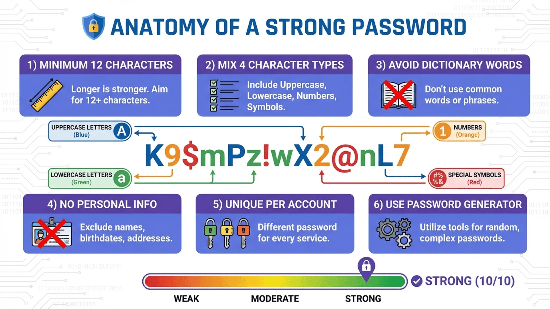強密碼創建規則圖表：長度要求、字元種類、避免常見詞彙、使用密碼產生器等最佳實踐