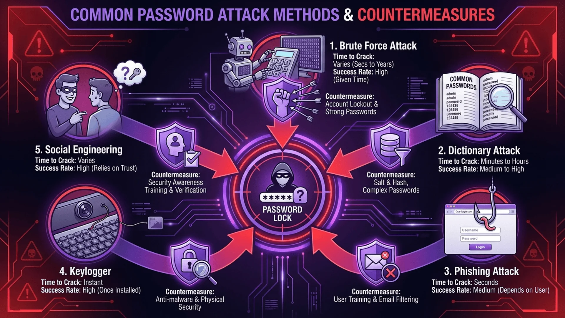 常見駭客攻擊方式圖解：暴力破解、字典攻擊、釣魚網站、鍵盤側錄等攻擊手法