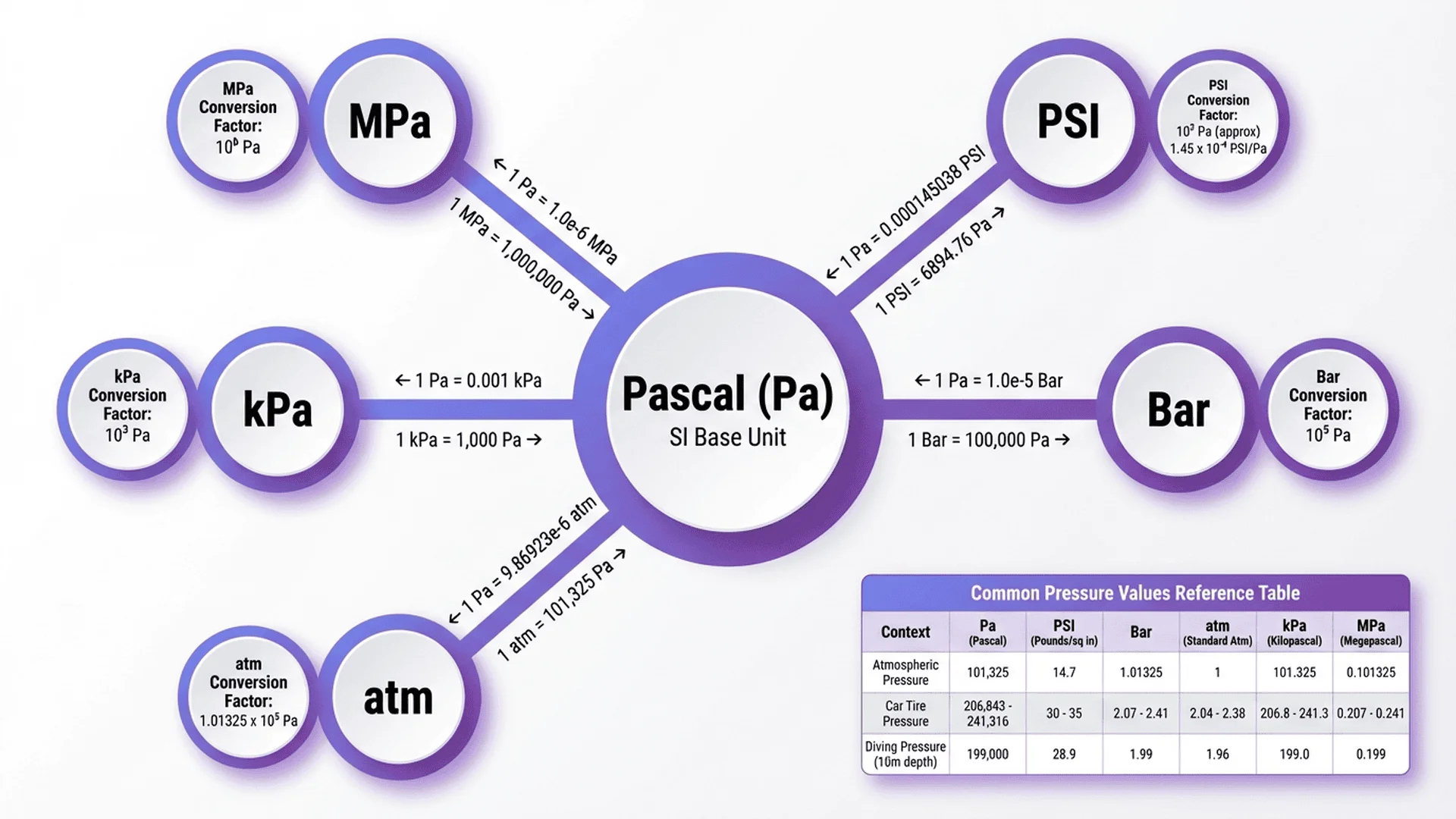 壓力單位轉換關係圖：PSI、Bar、Pascal、kPa、atm 之間的換算公式
