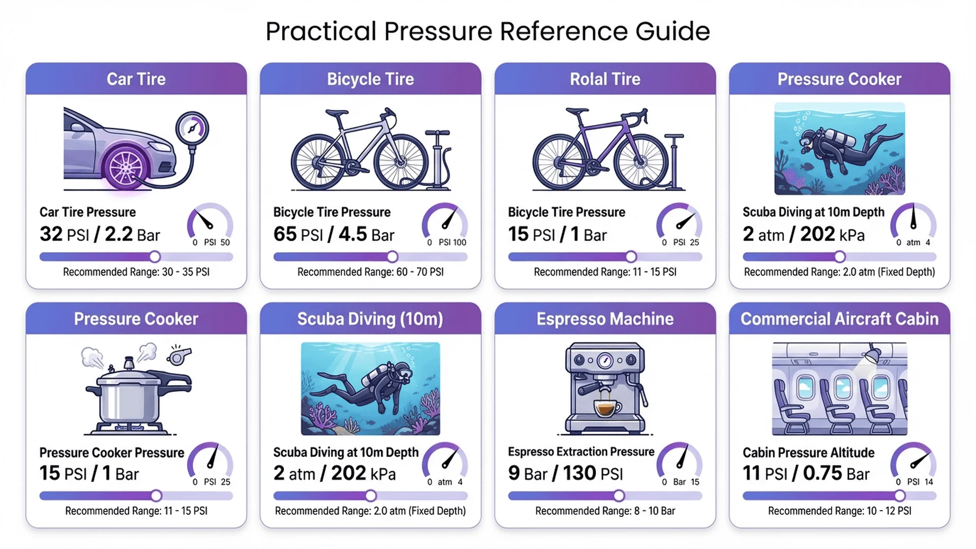 實際應用場景壓力值參考表，包含輪胎氣壓、高壓鍋、潛水深度等常見壓力範圍
