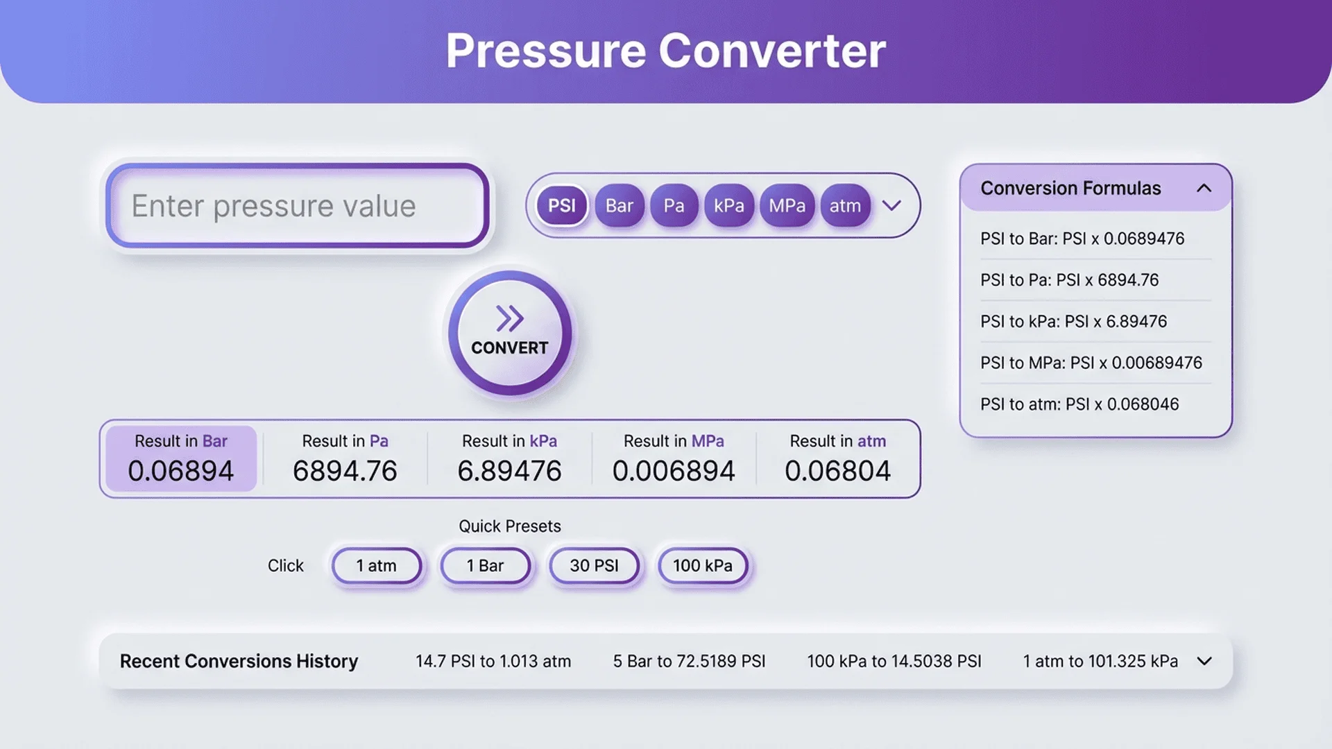 壓力轉換計算器介面設計圖，展示輸入欄位、單位選擇和轉換結果顯示
